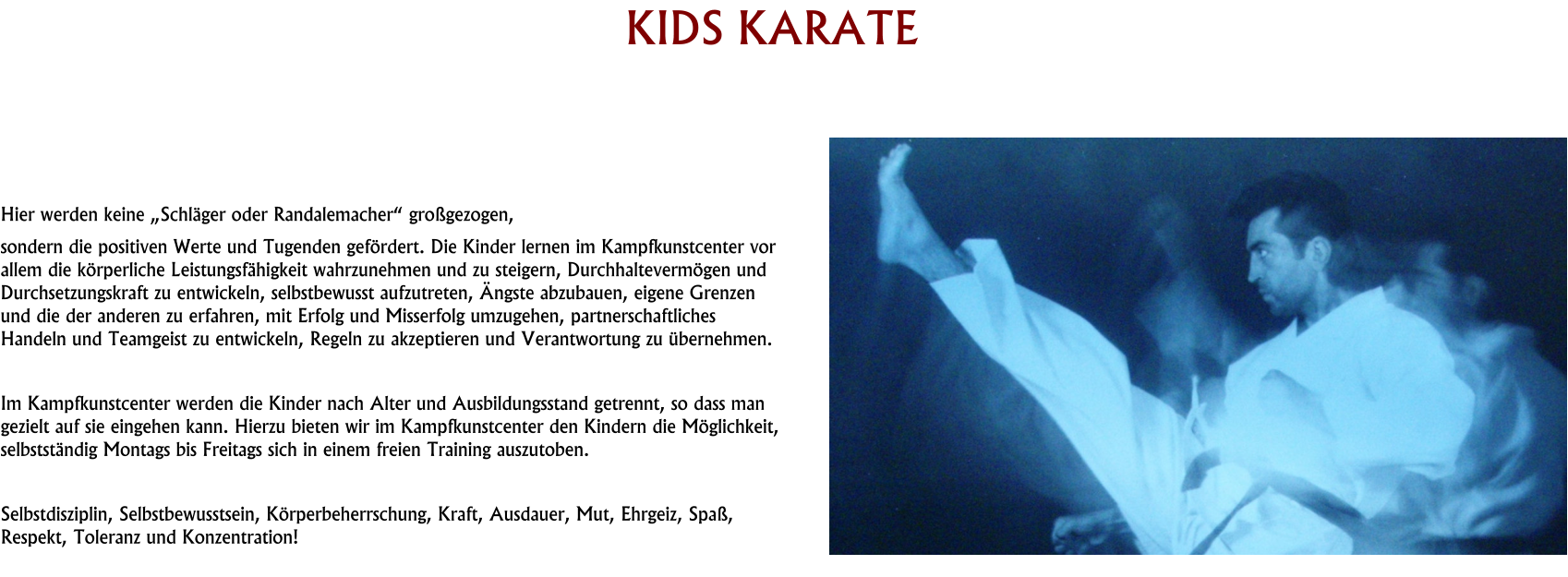 HISTORY KIDS KARATE     Hier werden keine „Schläger oder Randalemacher“ großgezogen, sondern die positiven Werte und Tugenden gefördert. Die Kinder lernen im Kampfkunstcenter vor allem die körperliche Leistungsfähigkeit wahrzunehmen und zu steigern, Durchhaltevermögen und Durchsetzungskraft zu entwickeln, selbstbewusst aufzutreten, Ängste abzubauen, eigene Grenzen und die der anderen zu erfahren, mit Erfolg und Misserfolg umzugehen, partnerschaftliches Handeln und Teamgeist zu entwickeln, Regeln zu akzeptieren und Verantwortung zu übernehmen.  Im Kampfkunstcenter werden die Kinder nach Alter und Ausbildungsstand getrennt, so dass man gezielt auf sie eingehen kann. Hierzu bieten wir im Kampfkunstcenter den Kindern die Möglichkeit, selbstständig Montags bis Freitags sich in einem freien Training auszutoben.  Selbstdisziplin, Selbstbewusstsein, Körperbeherrschung, Kraft, Ausdauer, Mut, Ehrgeiz, Spaß, Respekt, Toleranz und Konzentration!